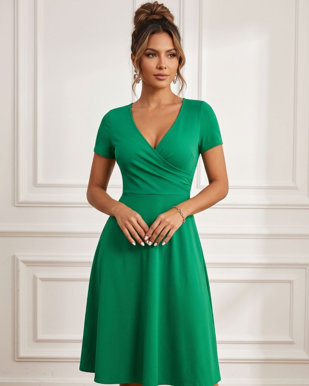 Vestido Midi Rodado Com Decote V E Cintura Marcada