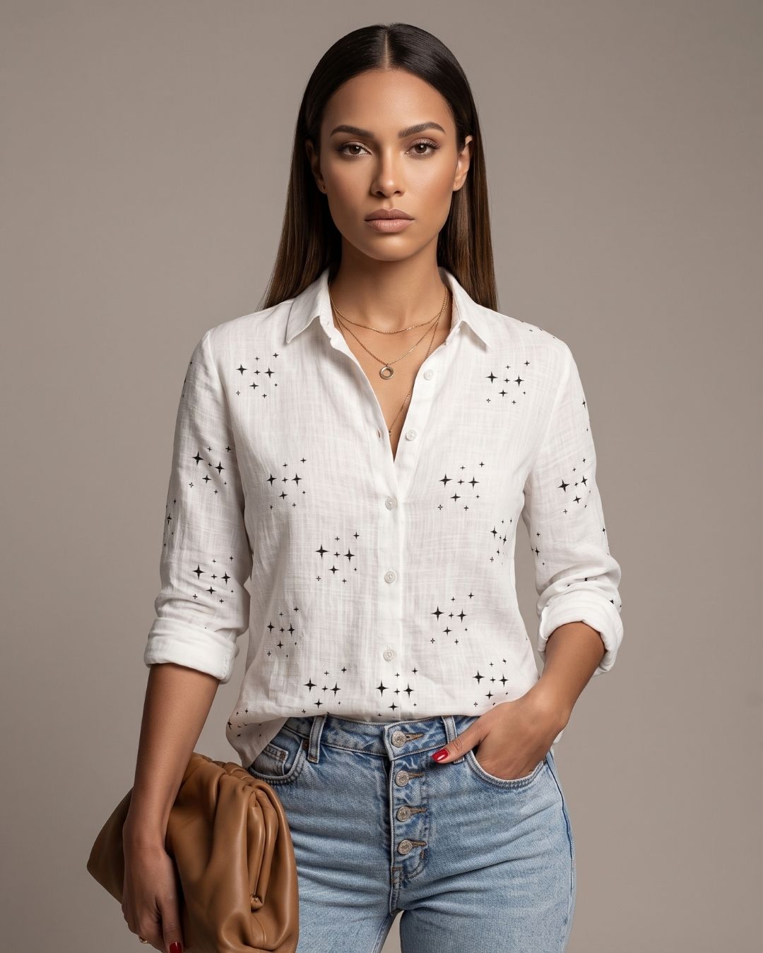Camisa Feminina Casual Manga Longa Com Botões E Gola