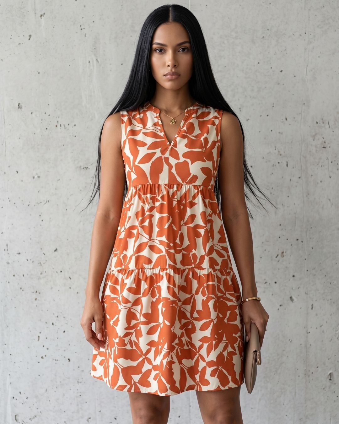 Vestido Curto Evasê Decote V Sem Manga Estampado Floral