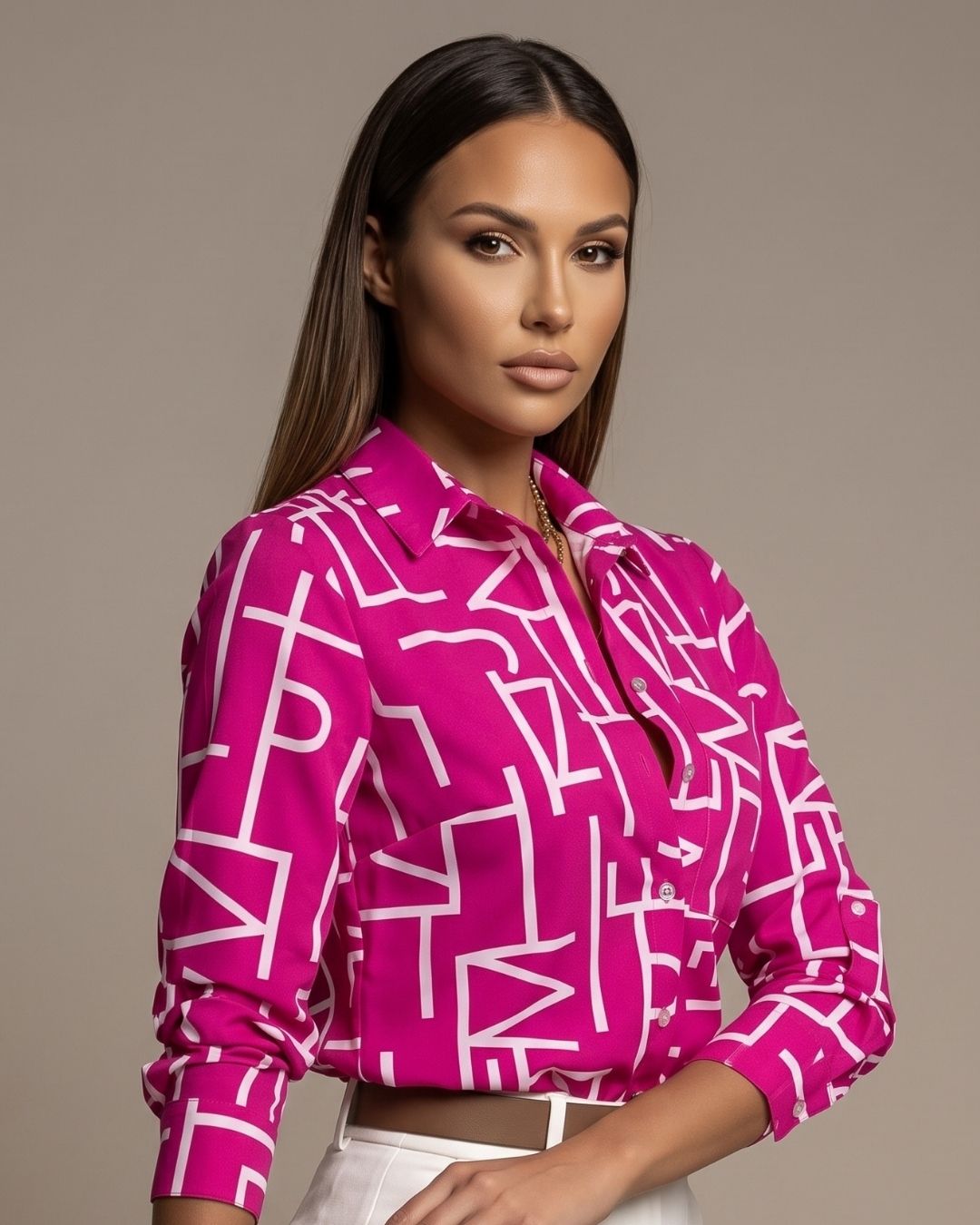 Camisa Feminina Estampada Abstrata Com Manga 3/4