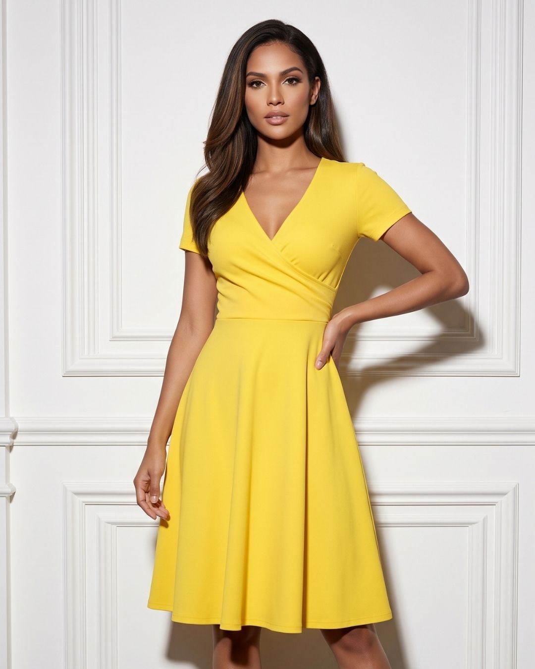 Vestido Midi Evasê Com Decote Transpassado E Manga Curta