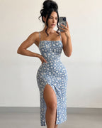 Vestido Midi Justo Alça Fina Com Fenda Estampado Floral