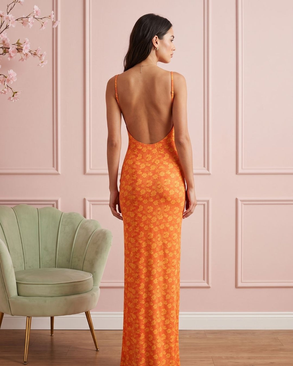 Vestido Longo Justo Alça Fina Decote Quadrado Estampa Floral