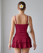 Conjunto Blusa Cropped Franzida E Saia Curta Com Babados