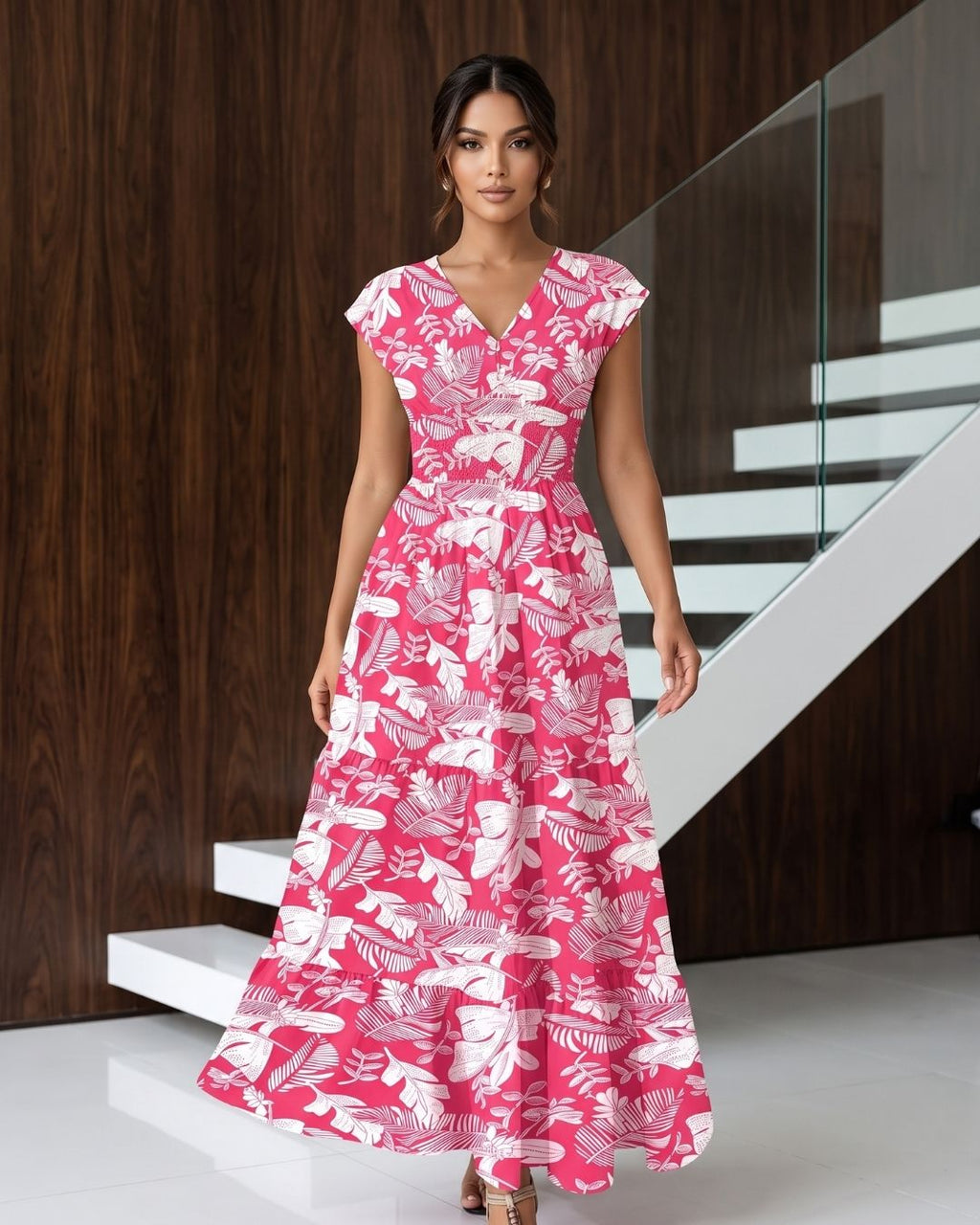 Vestido Longo Estampado Com Decote V E Saia Evasê