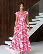 Vestido Longo Estampado Com Decote V E Saia Evasê