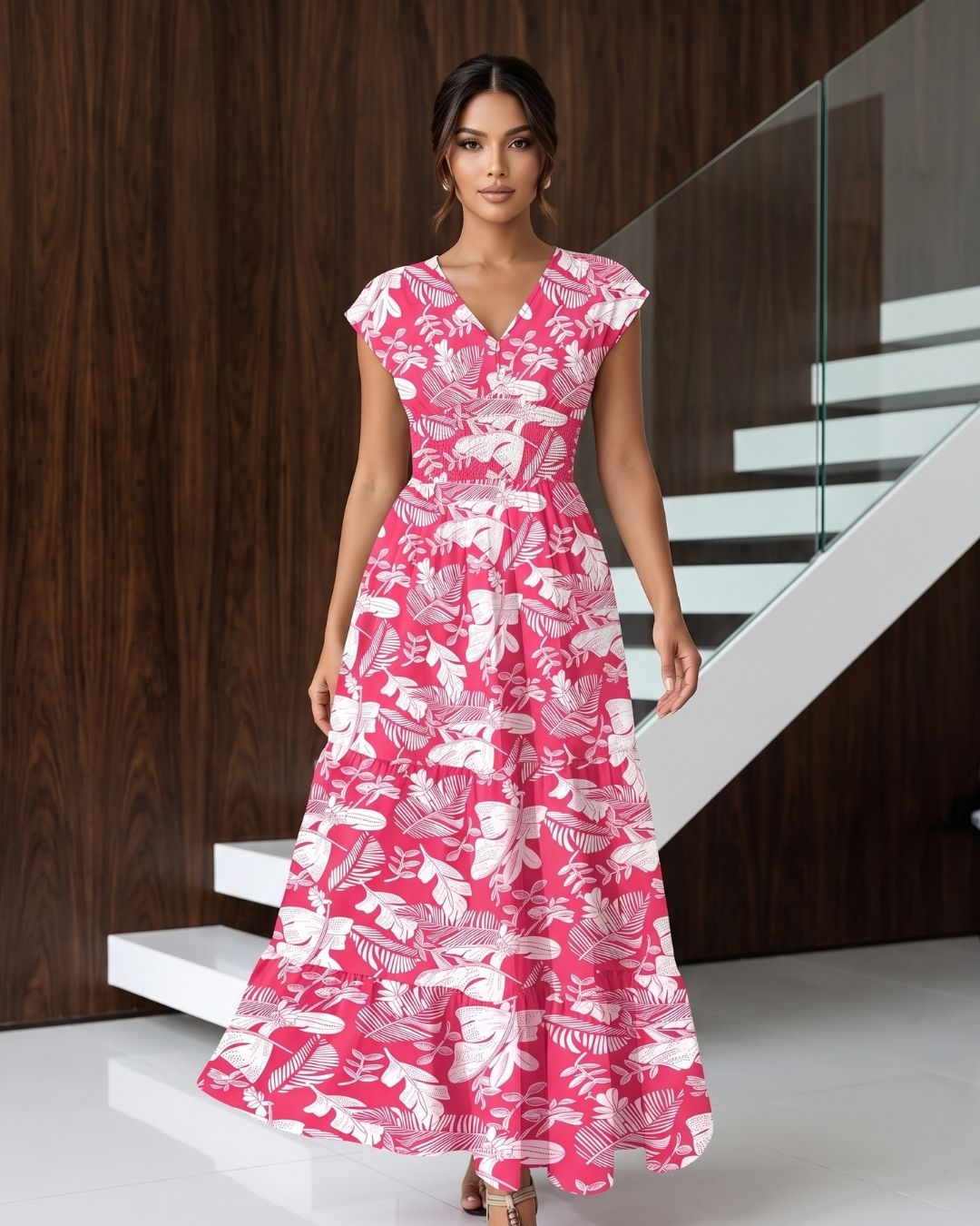 Vestido Longo Estampado Com Decote V E Saia Evasê