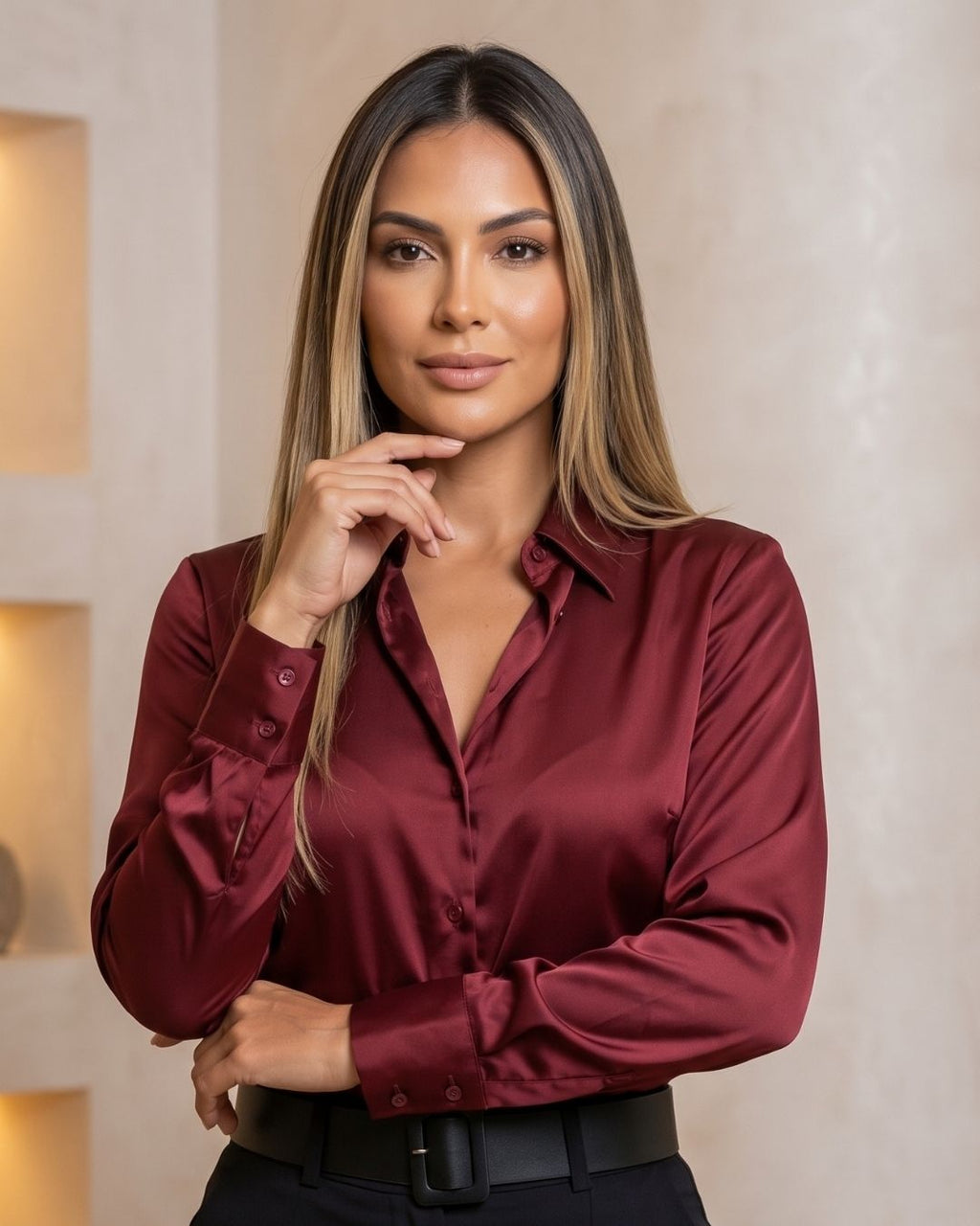 Camisa Feminina Acetinada Manga Longa Com Toque Elegante