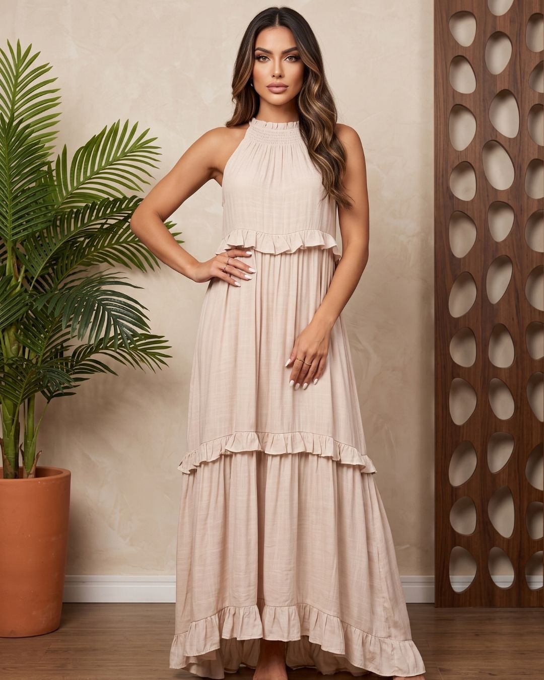 Vestido Longo Soltinho Com Babados E Saia Em Camadas