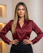 Camisa Feminina Acetinada Manga Longa Com Toque Elegante