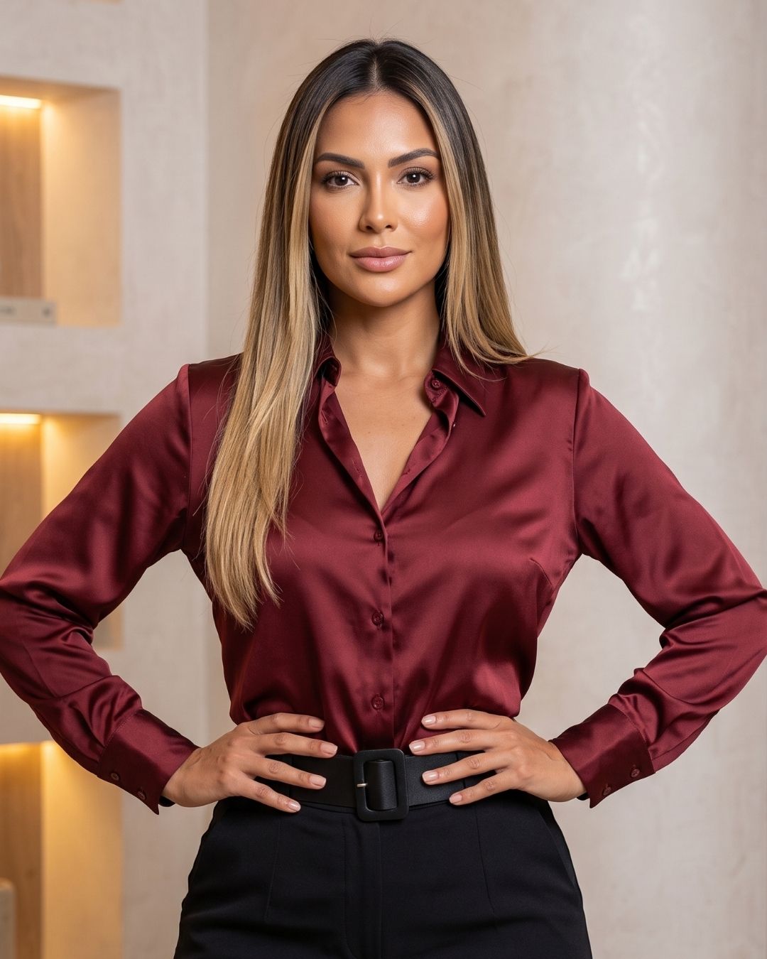 Camisa Feminina Acetinada Manga Longa Com Toque Elegante