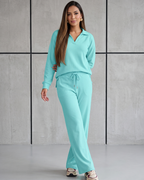 Conjunto Blusa Gola Polo Manga Longa E Calça Pantalona Casual