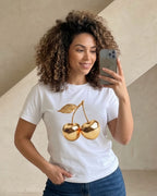 Camiseta Feminina Casual Com Estampa Cereja Metalizada