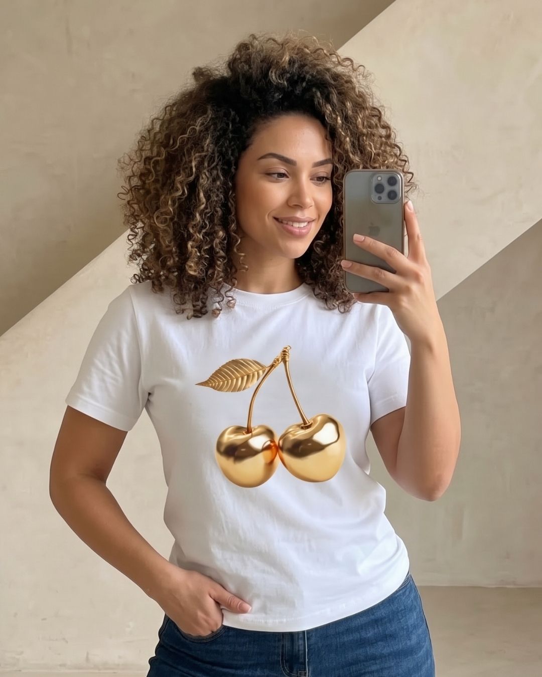 Camiseta Feminina Casual Com Estampa Cereja Metalizada