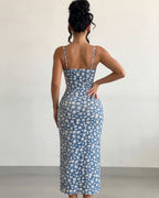 Vestido Midi Justo Alça Fina Com Fenda Estampado Floral