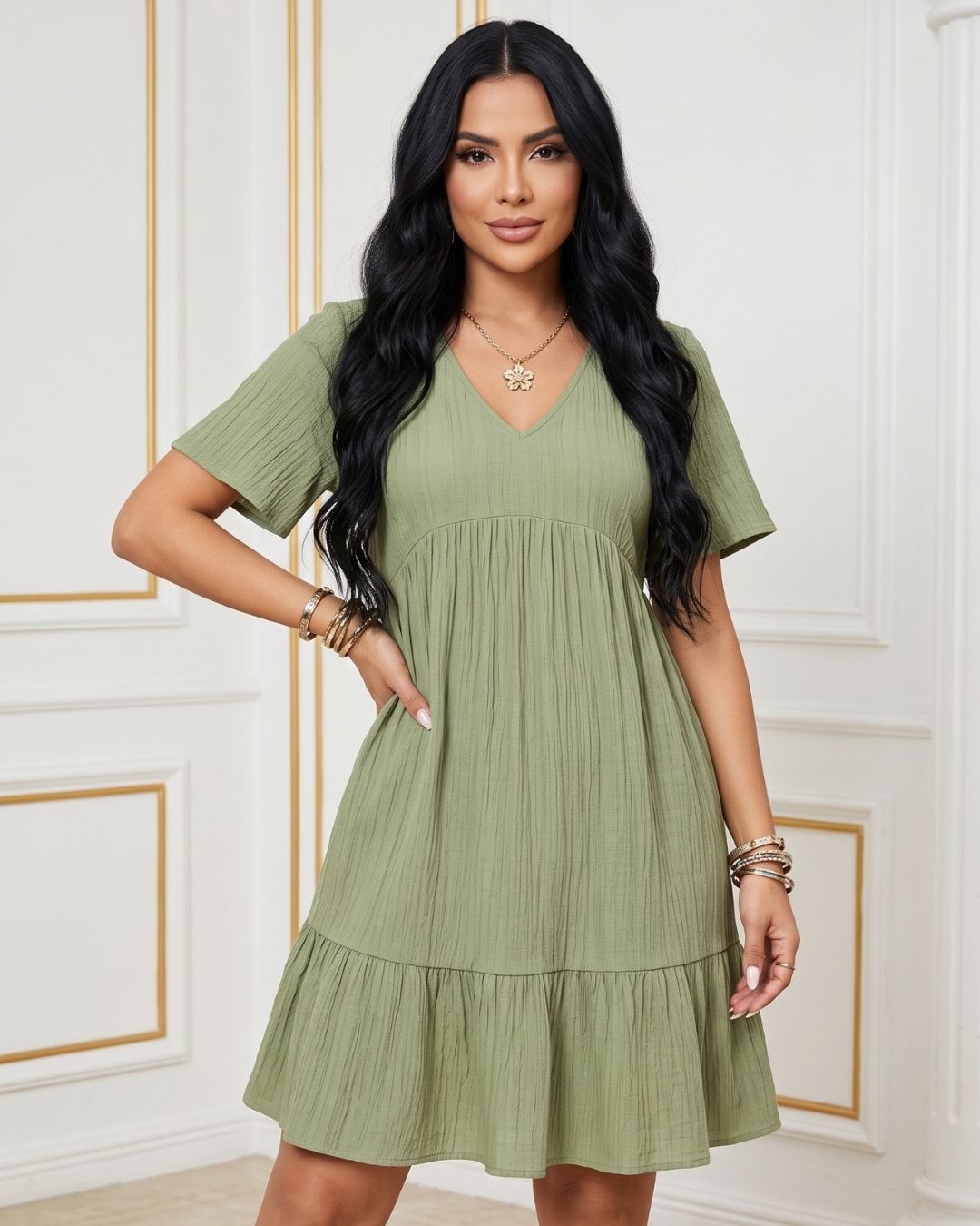 Vestido Curto Soltinho Com Decote V E Babado Na Barra