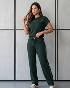 Conjunto Blusa Manga Curta E Calça Reta Com Bolsos Casual